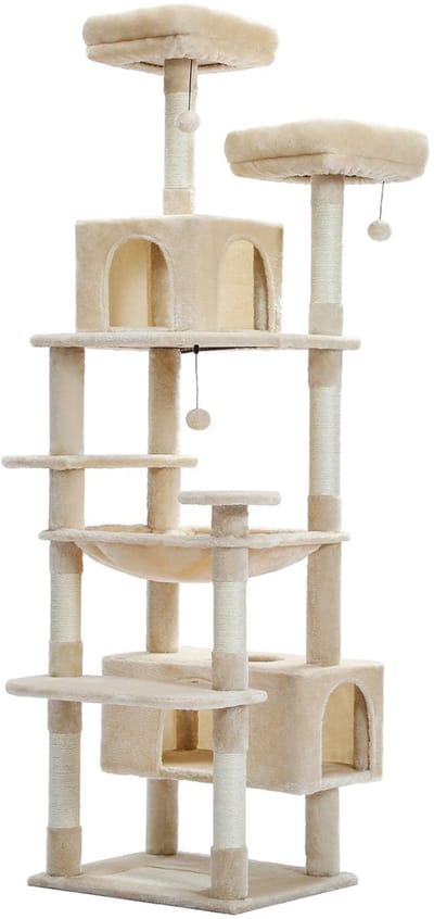 Kattenu Grote krabpaal voor katten - 184 cm hoog - Beige - Kattenboom met katten klimmuur - Hoge krabpaal