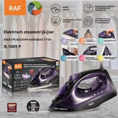 RAF 1600 W elektrisch stoomstrijkijzer, keramische strijkzool met stoomstoot, zelfreinigende functie, verticaal stomen, 210 ml watertank, voor thuis
