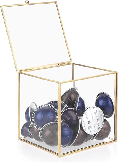 Moderne glazen opbergdoos voor koffiepods en capsules - Ruimtebesparende opslagoplossing voor koffieliefhebbers (15 x 15 x 15 cm)