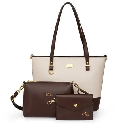 Bovista Handtas Dames - Schoudertas - School - Shopper - Schooltas - Werktas - 3-Delige Set - Wit/Bruin
