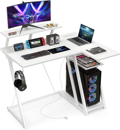 COSTWAY Bureau met stopcontacten en USB-poorten, kleine computertafel met monitorstandaard, hoofdtelefoonhaak, opbergvak en CPU-standaard, hoekbureau voor kleine ruimtes, 107 x 45 x 93 cm (wit)