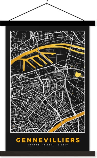 Posterhanger incl. Poster 40x60 cm - Schoolplaat - Frankrijk - Gennevilliers - Stadskaart - Kaart - Plattegrond - Textielposter - Zwarte latten - Stadskaart