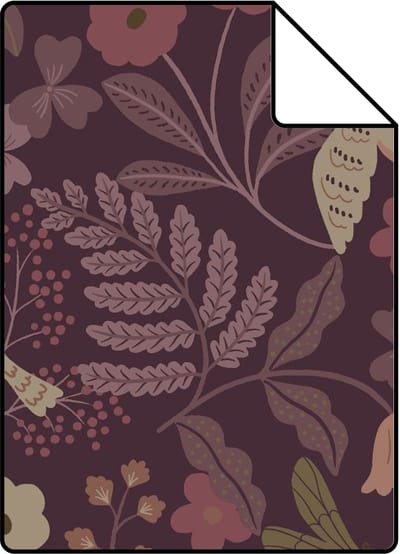 Proefstaal ESTAhome behang bloemen en vogels aubergine paars - 26.5 x 21 cm - 131639-S