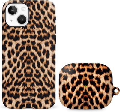xoxo Wildhearts telefoonhoesje geschikt voor iPhone 14 Plus met AirPods Pro (2) hoesje - set - Wild Thing - Double Layer - Telefoonhoesje met dubbele beschermlaag - Panterprint - Tijger - Panter - Tijgerprint hoesje