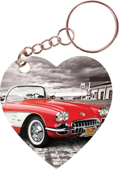 Sleutelhanger hartje 5x5cm - Route 66 - Corvette rood/wit