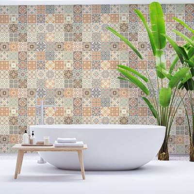Zelfklevende tegelmuurstickers voor keuken en badkamer - 60 cementtegelstickers, Azulejos Olka - 60 stickers, 20x20cm