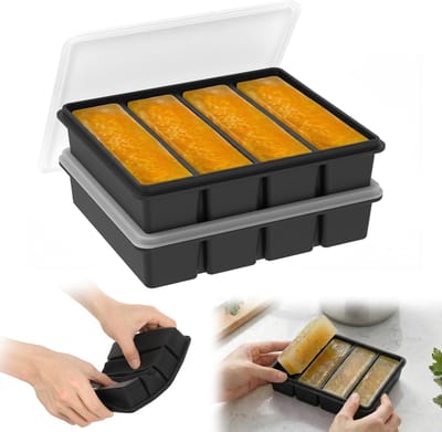 Set van 2 Silicone Vriesvormen met Deksel - 4 Compartimenten - Voor Soep, Stoofpot - Saus - Knoflook en Kruiden - Geschikt voor Maaltijdvoorbereiding en Diepvriezen - Spatbestendig en Gemakkelijk Te Schoonmaken