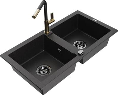 Mexen Mario granieten spoelbak met 2 compartimenten en Flora keukenkraan, zwart/zilveren metallic - 6504-73-670401-57-B