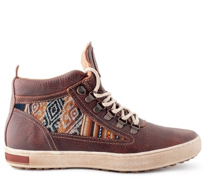 Inkkas Brown Leather Camping Boot dames sneaker– bruine leren hiking sneaker met handgeweven Peruaanse textiel inleg – comfortabele wandelschoen, maat 38