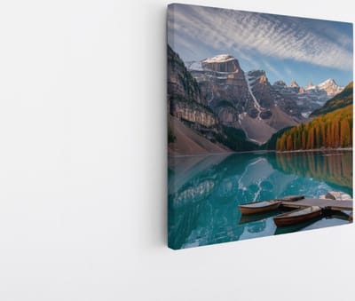 Saammp Canvas Schilderij - Boten tussen de bergen - Landschap - Natuur - 20x20 - Foto op canvas - Wanddecoratie - Muurdecoratie Woonkamer - Slaapkamer decoratie - Canvas Print