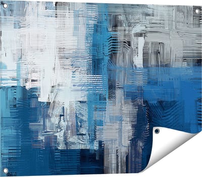 Gards Tuinposter Abstracte Kunst - Blauw Witte Penseelstreken - 80x60 cm - Tuindoek - Tuindecoratie - Wanddecoratie buiten - Tuinschilderij