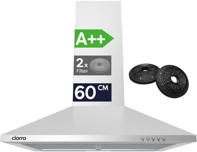 CIARRA VMS6201 - Afzuigkap 60 cm WandAfzuigkap A++ 404 m³/u - Recirculatie met Koolstoffilter & Luchtafvoer - 3 Standen met LED - RVS