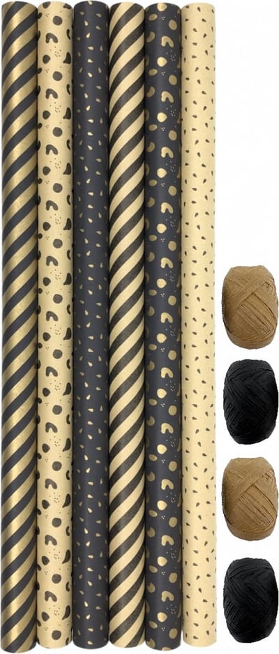 Benza cadeaupapier - 100% Recycled inpakpapier - 70 cm x 2 meter - 6 rollen en 4 rollen Raffia