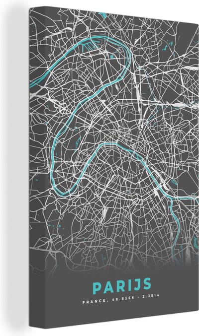 Canvas Schilderij Parijs - Blauw - Kaart - Plattegrond - Stadskaart - 20x30 cm - Wanddecoratie