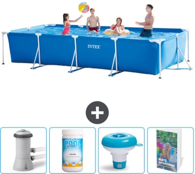 Intex Rechthoekig Frame Zwembad - 450 x 220 x 84 cm - Blauw - Inclusief Zwembadfilterpomp - Chloor - Chloordrijver - Zwembadgids