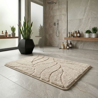 FLOORDIREKT Badmat Maris - Pluizige Badmat met Bladstructuur - Verkrijgbaar in verschillende Kleuren en Maten - Ivoor - 40 x 60 cm