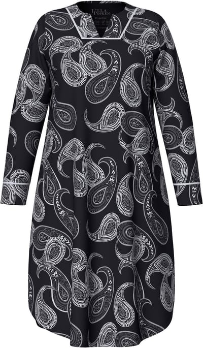 Ulla Popken - Dames - Nachthemd paisleymotief tuniekhals lange mouwen - Zwart - Maat 42+