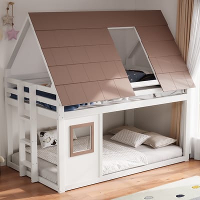 Stapelbed - 140x200 - Hout Stapelbed Met Dak en Ladder - huisdesign slaapoplossing - Hout - Wit Bruin
