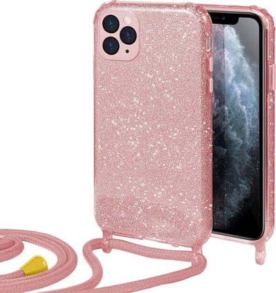 HB Hoesje Geschikt voor Apple iPhone 12 Pro Max - Roze - Glitter Back Cover met Koord