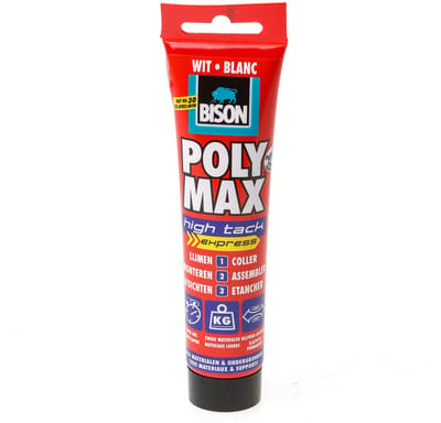 Bison Poly Max High Tack Express wit tube 165 gram, montagelijm, lijmen, monteren en afdichten, unieke SMP technologie, oplosmiddelvrij, binnen en buiten, vrijwel alle ondergronden