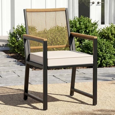 Set van 1 tuinstoelen van rotan, weerbestendig, balkonstoel met WPC-armleuning, outdoorstoel met afneembaar kussen, eetkamerstoelen van metaal, tot 160 kg belastbaar, voor terras, tuin, balkon