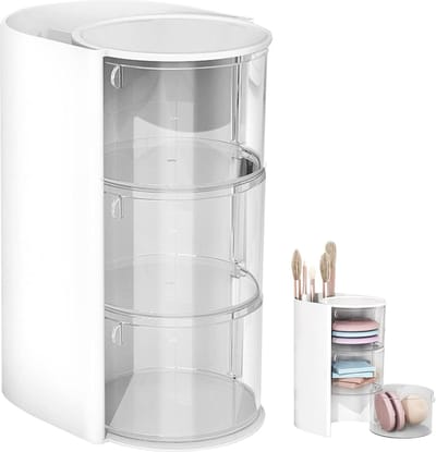 Make-up opberger, cosmetica, make-uporganizer, draaibare lade, make-uptafel met 3 laden, acryl make-up organizer, make-uphouder met kwasthouder, cosmeticakast, make-up voor lade en badkamer