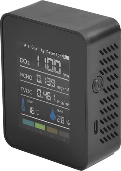 5-in-1 Luchtkwaliteitsmonitor met CO2, HCHO, TVOC en AQI - Temperatuur- en Vochtigheidsdetector met Kleurrijk LCD Scherm