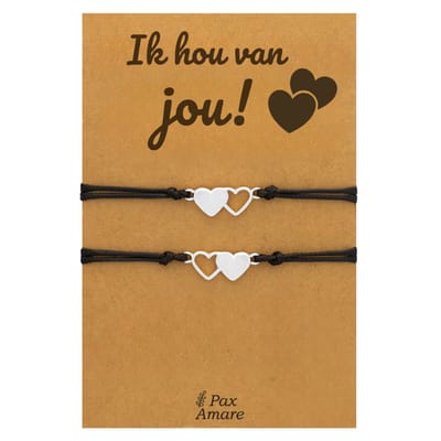 Vriendschapsarmbandjes voor 2 "Ik Hou van Jou" - Hartjes - Koppel Armbandjes met Lief Cadeau Kaartje - Zilverkleurig - Elastisch Verstelbaar - Pax Amare
