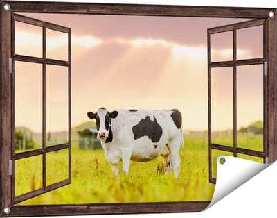Gards Tuinposter Doorkijk Zwart Wit Koe in de Wei bij Zonsopkomst - 90x60 cm - Tuindoek - Tuindecoratie - Wanddecoratie buiten - Tuinschilderij