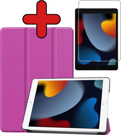 Hoesje - Geschikt voor Apple iPad 9 (2021) - 10.2 inch - 9e Generatie - Met Screenprotector - Hardcover Book Case - Trifold Bookcase Hoes - Hard Cover - Tablethoes - Paars