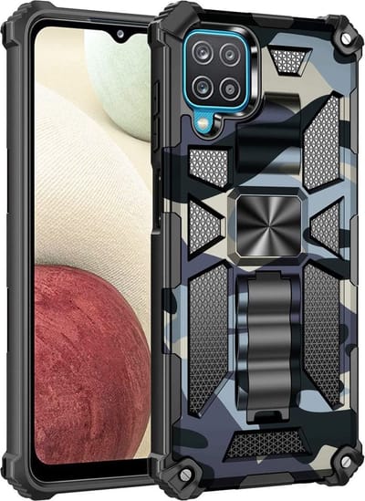 Hoesje Geschikt Voor Samsung Galaxy A12 5G hoesje rugged extreme backcover met ring houder Camouflage - Marine Blauw