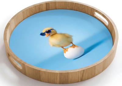 Dienblad rond 40x40 cm - Schootdienblad hout - Eendje - Zonnebril - Ei - Blauw - Borrelplank rechthoek - Plateau houten dienbladen