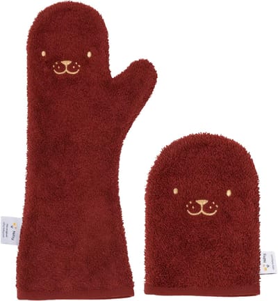 Voordeelset - Nifty - The Original Baby Shower Glove met washandje – baby douche handschoen voor beter grip op je baby bij het douchen - Lange washand met washandje - kraamcadeau - Bordeaux rood Combi-deal