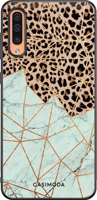Casimoda® hoesje - Geschikt voor Samsung Galaxy A50 - Luipaard Marmer Mint - Zwart TPU Backcover - Luipaardprint - Mint