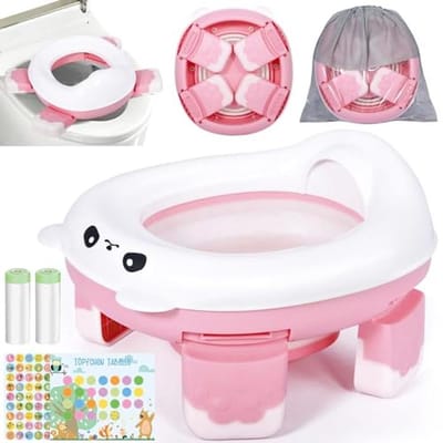 Toiletbril kinderen, potje voor op reis, reistoilet kinderen, opvouwbaar potje, anti-slip ontwerp, met 2 rollen potjeszak + 2 stickers + opbergtas, roze