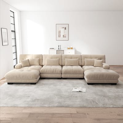 BLACKCOLORS Modulaire hoekbank, U-vormige bankstel voor woonkamer, 4-zits Comfortabele banken met afneembare poef, DIY-combinatie, chenille, lichtbruin