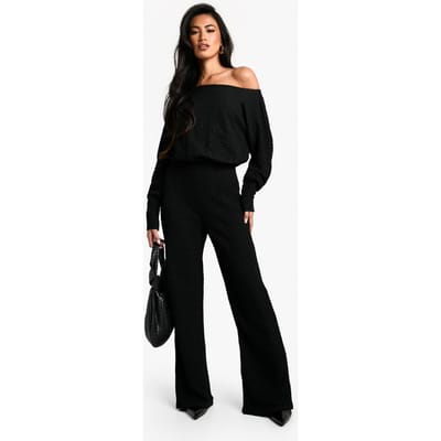 boohoo Dames Cold Shoulder jumpsuit met wijde pijpen en textuur | Zwart | Maat: 42