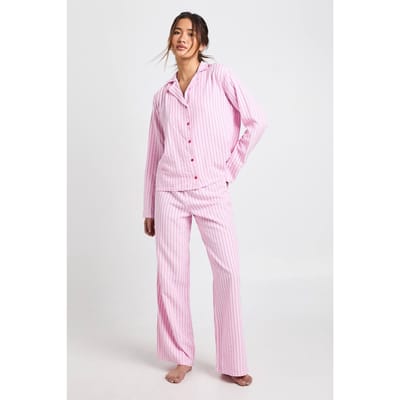 boohoo Dames Gestreepte Getextureerde Lange Mouw Shirt & Broek Pyjama 3-Delige Set | Roze | Maat: 34
