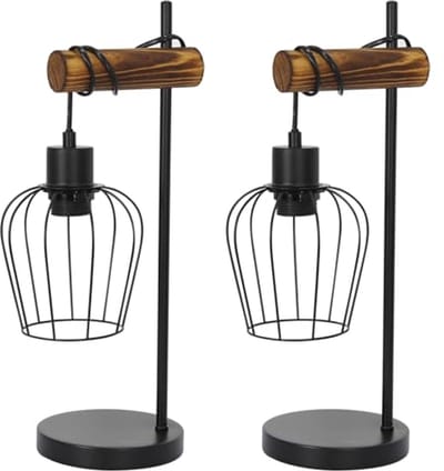 Glitzerlife - Tafellamp Bedlampje -2 Stuks Bureaulamp - Vintage Industrieel Retro - Hout Metaal Tafellamp - E27 Fitting Max 40W Metalen Kooi - Massief Hout Staal - Ø20cm - Zwart