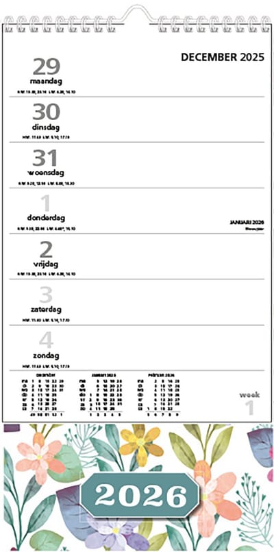 MGPcards - XL Minikalender 2026 - Week begint op maandag - 16 x 30 cm - Bloemen - Pastel