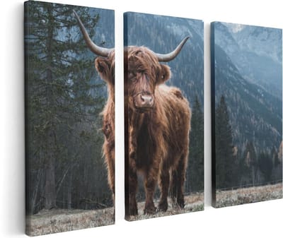 Artaza Canvas Schilderij Drieluik Schotse Hooglander Koe In De Bergen - 120x80 - Foto Op Canvas - Canvas Print