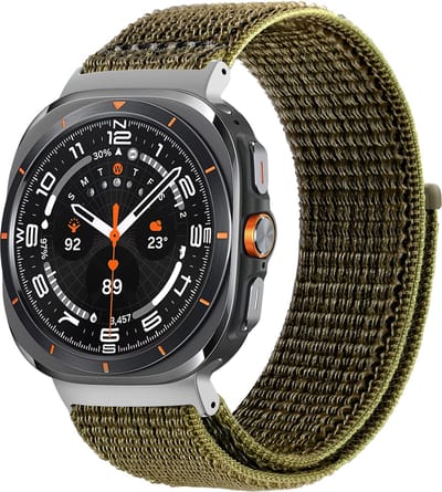 Bandz Nylon loop band - geschikt voor Samsung Galaxy Watch Ultra 2 (2026) / Ultra (2024/2025) - bandje van hoogwaardig nylon materiaal met klittenbandsluiting (olijf)