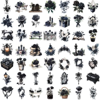 50 stuks Donkere Esthetische Zwarte Roos Stickers - Goth Stijl Vintage Bloemenstickers Voor Bullet Journal, Waterfles, Telefoon, Kindle, Planner, Kaarten Maken