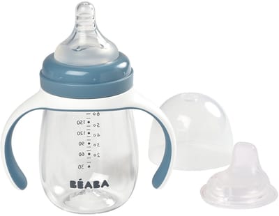 Béaba Oefenbeker - 2-in-1 Drinkfles - 210 ml - Lichtblauw - Lekvrij & Evolutief - Vanaf 4 Maanden - Baby