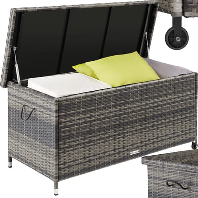 tectake® Wicker opbergbox - Outdoor kussenbox - Uitneembare binnenzak en cijferslot - Weerbestendig en afsluitbaar met deksel - Verrijdbaar - Inclusief 2 handgrepen, 2 wielen en gasveren - Inhoud 270 l - Afmeting (LxBxH) 121 x 56 x 60 cm - Grijs
