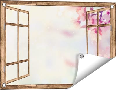 Gards Tuinposter Doorkijk Roze Bloesemboom met Zonneschijn - 60x40 cm - Tuindoek - Tuindecoratie - Wanddecoratie buiten - Tuinschilderij