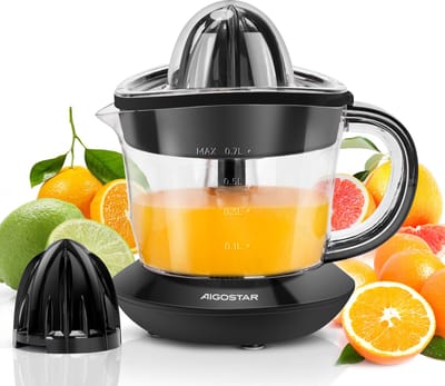 Aigostar Citruspers - Citruspers electrisch - 0.7L - 40W - Inclusief 2 perskegels - Zwart - Instelbaar pulpfilter