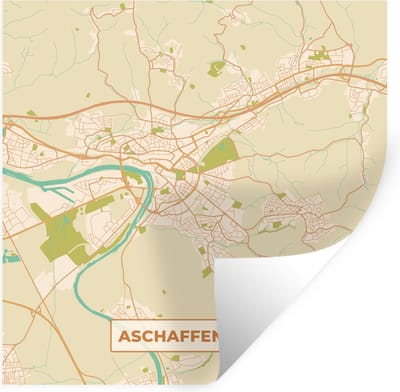 Muurstickers - Sticker Folie - Plattegrond - Vintage - Aschaffenburg - Kaart - Stadskaart - 100x100 cm - Plakfolie - Muurstickers Kinderkamer - Zelfklevend Behang XXL - Zelfklevend behangpapier - Stickerfolie