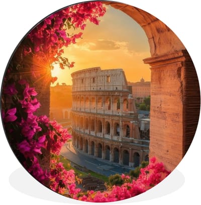 WallCircle - Wandcirkel - Muurcirkel - Colosseum - Rome - Roze Bloemen - Aluminium - Dibond - 30x30 cm - Binnen en Buiten