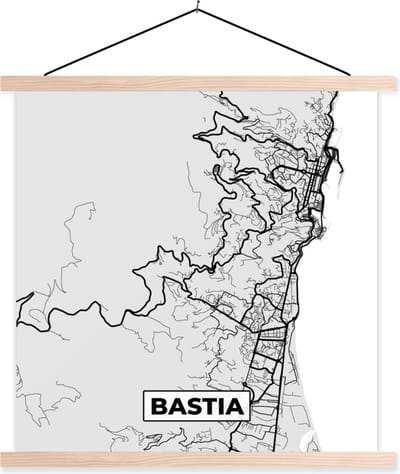 Posterhanger incl. Poster 40x40 cm - Schoolplaat - Plattegrond – Kaart – Stadskaart – Frankrijk – Bastia - Textielposter - Blanke latten - Stadskaart
